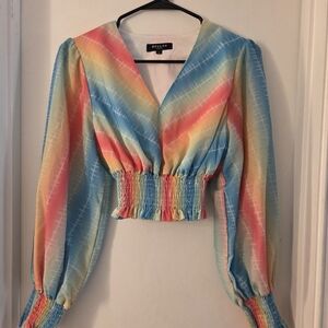 Beulah Multicolor V-Neck Crop Top Blouse Size Small